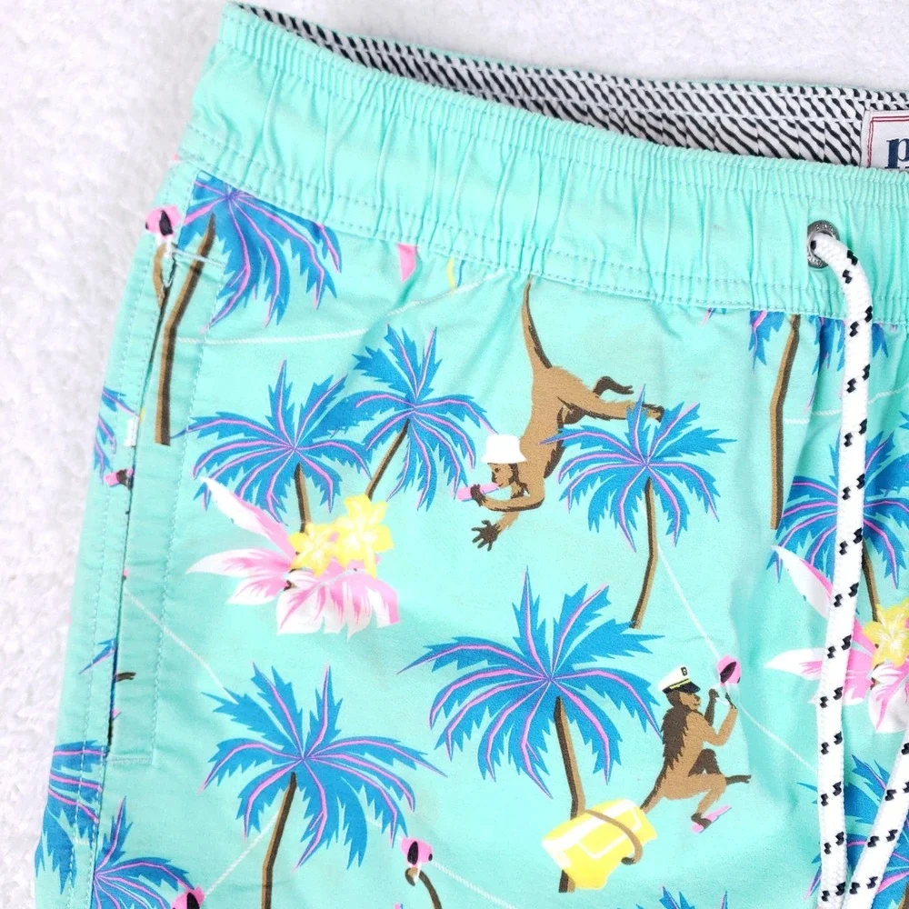 Party Pants Swim Trunks Mens M Aqua Tropical Monkey Palm Tree Beach Party Shorts - Picture 2 of 16